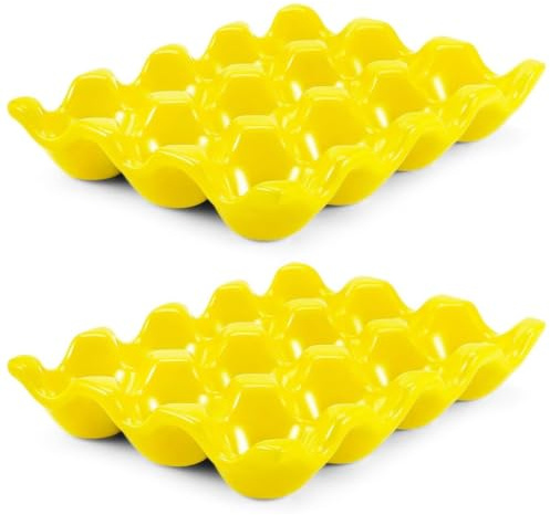Flexzion Ceramic Egg Holder for Fridge, 24-Cup Porcelain Egg Tray, Yellow