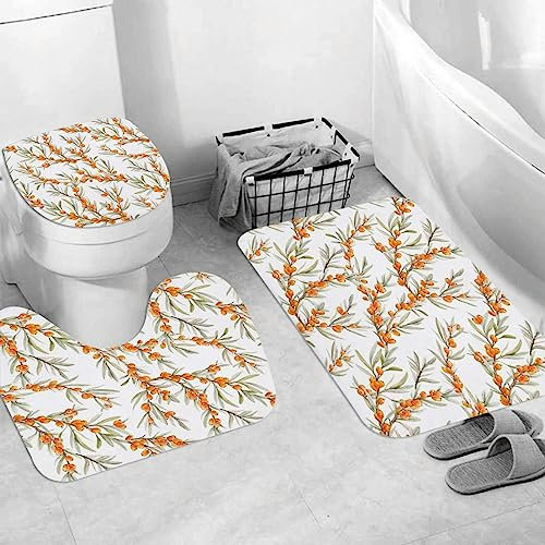 EKSED Badteppich 3 Stück Weiche saugfähige Badematten,Beere Gemüse Aquarell Muster Zweig Beeren Sanddorn Herbst Natur Orange,rutschfeste Badematte Teppiche & Toilettendeckelabdeckung Set Waschbar