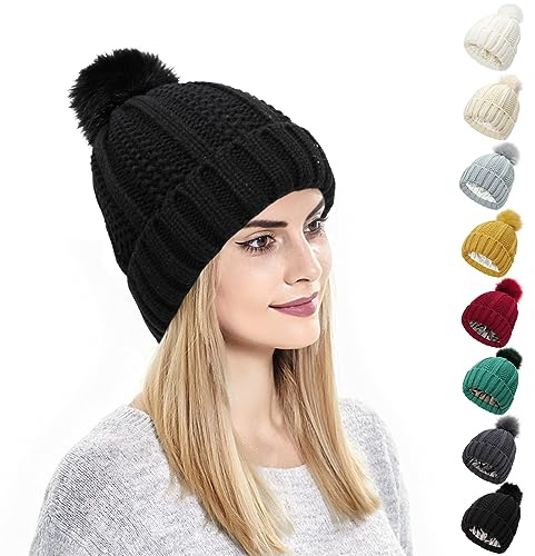 Kunyeah Bonnet d'hiver tricoté avec pompon – Bonnet chaud doublé de soie en satin de couleur unie pour femmes et filles, Noir , Taille unique