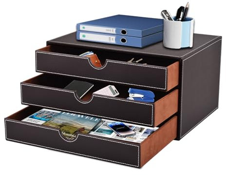 XNONE Home Office Desktop Schreibtisch-Schubladenbox mit 3 geschlossenen A4-Fächern, PU-Leder-Schubladenbox, Schmuck-Organizer, Kosmetik-Organizer, U-förmige Öffnung, handgenähte Nähte(braun