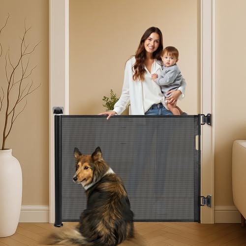 Retractable Safety Gate - Extra Wide 150CM x 86CM for Babies and Pets, One-Hand Operation Mesh Design for Stairs, Doorways, Hallways, and Outdoor Use