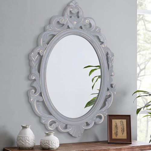 Lzuso Oval Wooden Hanging Mirror Grey Carved Frame Wall Mirrors Rustic Vintage Decorative Aesthetic for Vanity Bedroom Living Room Entryway Farmhouse 40 x 60 cm