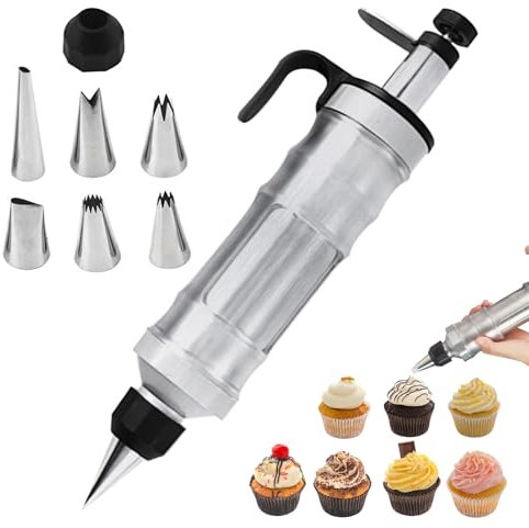 LEKEFETO Siringa Professionale in Acciaio Inox per Decorare Torte - Pressa per Dolci Con 6 Beccucci - per Marmellata, Biscotti, Pasticcini - Colore Nero