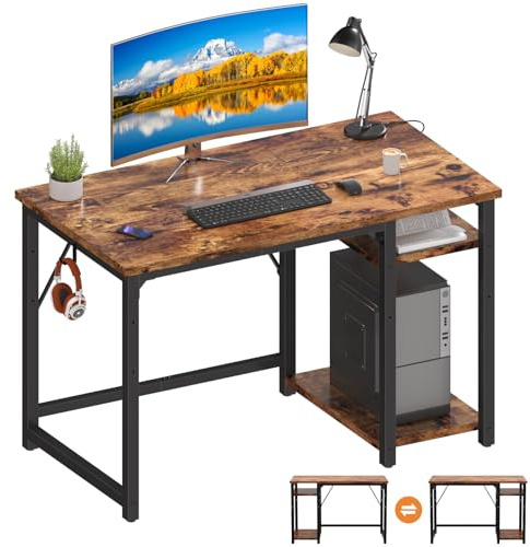 Airfish Scrivania per Computer 100x50cm, Scrittoio con 2 Ripiani a Sinistra o Destra, Tavolo da Lavoro, per Ufficio Soggiorno, Struttura in Acciaio, Maarrone Vintage | Scrittoio con 2 Ripiani a Sinistra o Destra, Tavolo da Lavoro, per Ufficio Soggiorno, Struttura in Acciaio