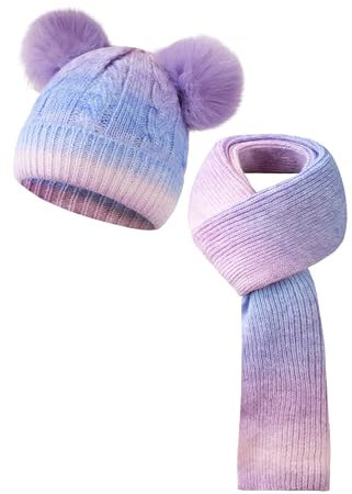 SERENYOU Kinder Winter Mütze Schal Set Jungen Mädchen Doppel Pompon Mütze mit dicken gestrickten warmen Schal Violett
