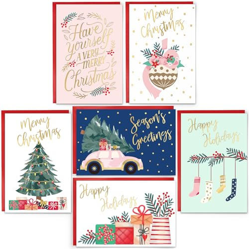 BGTCARDS 24 Pack Gold Foil Christmas Cards with Envelopes and Inside Messages 6 Assorted Designs Christmas Cards Bulk for Friends, Family, Kids, Boys, Girls.