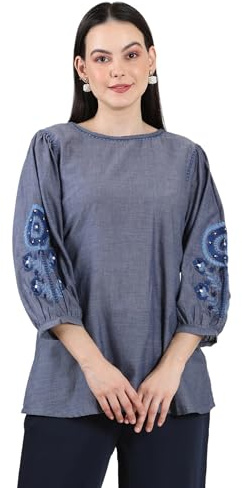 W for Woman Top da donna in puro cotone Chambray ricamato Regular Fit Top, Chambray., 40