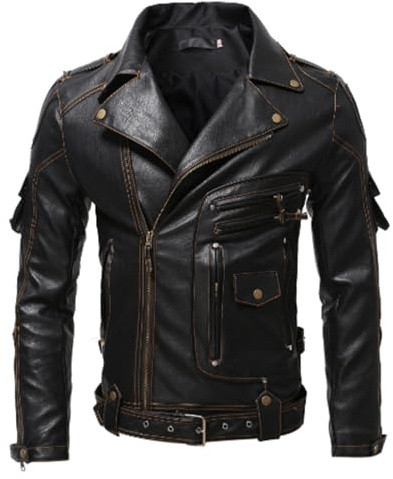 Générique Veste Cuir Homme Moto Pas Cher Hiver Manche Longues Manteau en Cuir Mode Blouson Cuir Moto Blouson Motard en Cuir pour Homme de Vache Rétro Rock Perfecto Cuir Homme pour Un Usage Quotidien