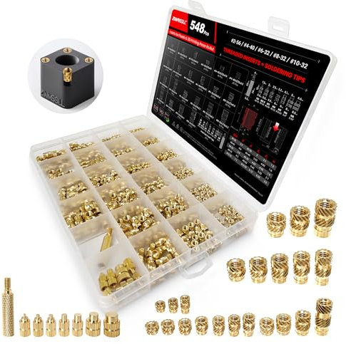 ZWMSSLL #2-56#4-40#6-32#8-32#10-32 Threaded Inserts-548 Pieces Assortment Kit+8xSoldering Tips for Heat-Set Insert,Brass Knurled Nuts for 3D Printing Components and Plastic Parts