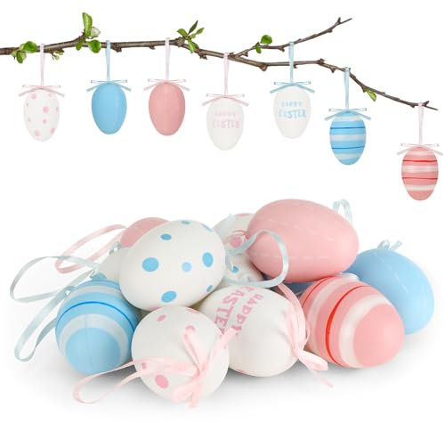 Quuylin Ostereier zum Aufhängen, 24 Stück Ostereier aus Kunststoff zum Aufhängen mit Band, Ostereier Deko mit Punkten und Streifen für Osterstrauchdeko, Osterjagden - Rosa, Blau