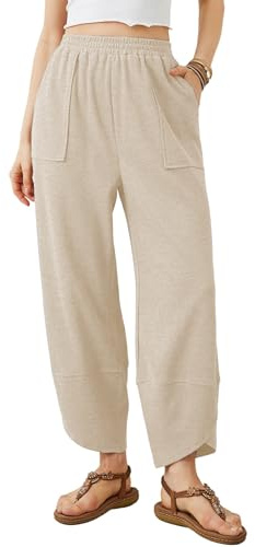 Xiaoxuemeng Womens Baggy Wide Leg Pants Casual Elastic Waisted Palazzo Harem Pants with Pockets(Beige-XL)