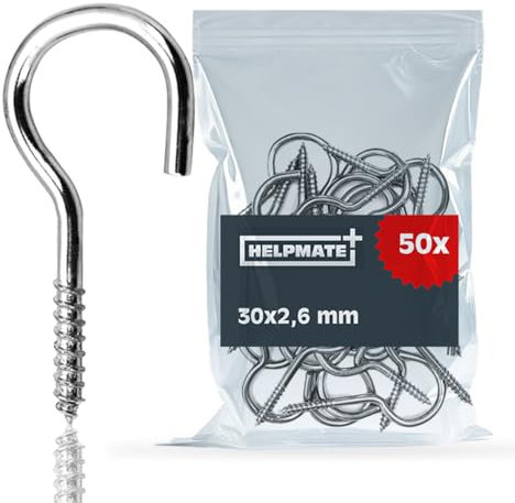 HELPMATE – Schraubhaken gebogen 30x2,6x11x 6 mm – galvanisch verzinkter Stahl – 50 Stück – Haken für die Wand- oder Deckenmontage