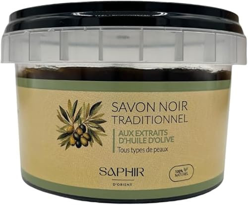 SAPHIR D'ORIENT SAVON NOIR traditionnel, Gommage corps, visage, savon Beldi, purifiant, exfoliant, nettoyant, hydratant, 100% naturel, Maroc, Hammam, huile d'olive, 200g, tous types de peaux