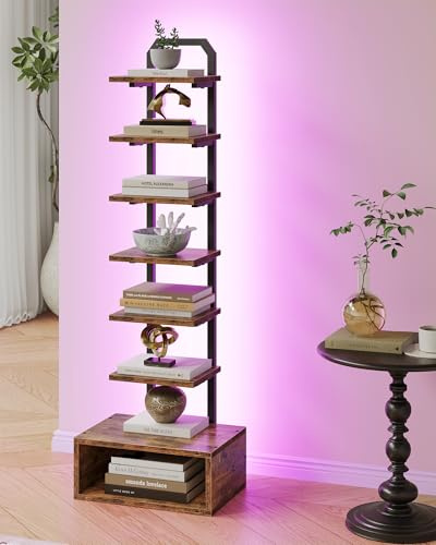 CHOEZON 8-Tier Freestanding Corner Bookshelf with Storage, LED Wooden Bookcase Open Bottom, Small Space Floor Standing Shelf, Floor Lamp Shelf for Living Room, Office, Bedroom, Rustic Brown DTSJ08DBF
