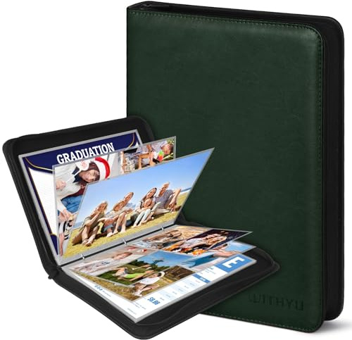 Álbum de Fotos A4 de Cuero PU con Fundas Transparentes Extraíbles - 30 Páginas (Tres Tipos de Bolsillos, Doble Cara) + Cremallera Impermeable - Para Fotos, Recuerdos de Bebé y Documentos (Verde)