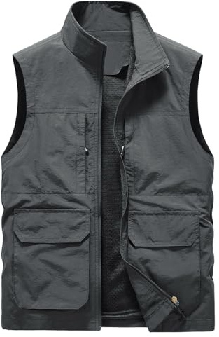 Vests for Men Fishing Quick Dry Vest Jackets with Pockets 2025 Utility Hiking Tactical Waistcoat Sleeveless Outerwear Chaleco para Herramientas(Grey, XXXXL)