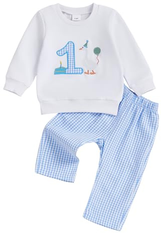 MAHUAOYIXI Toddler Baby Boy Girl First Birthday Outfit Long Sleeve Number Goose/Balloons Embroidered Sweatshirts and Plaid Pants 2Pcs 1st First Birthday Clothes for Little Boys (Blue, 12-18 Months)