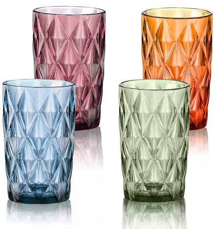 LOITTAINUE Trinkgläser Set Bunt - Gläser Set 4 Teilig 400ml Vintage Wassergläser aus Glas mit Geprägtem Design - Saftgläser Drinkgläser Küchengläser - Spülmaschinenfest (B)