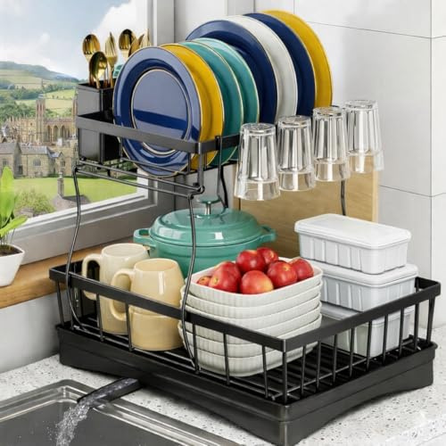 CAVEON Dish Drainer Rack, 2 Tier Dish Drying Rack with Drip Tray – Space Saving Dish Drainer for Kitchen Countertop with Utensil Holder & Drainboard, Anti-Rust Steel, Black (44.5 x 31.8 x 11.7 cm)