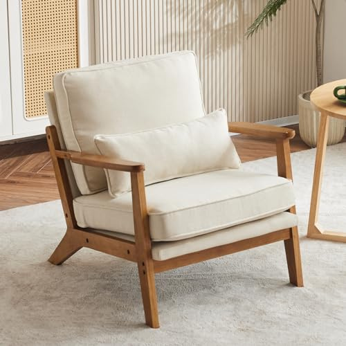 Bonnlo Accent Chair, Soild Wood Padding Lounge Armchairs, Occasional Reading Chair with Cushions and Lumbar Pillow, Armchairs for Living Room, Bedroom, Guest Room, Wide Arm, Fabric, Beige