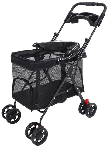 FILFEEL Pet Stroller for Cats and Small Dogs – Foldable 4-Wheel Dog Wagon with 3-Direction Sunshade, Feeding, Dual Brakes & Cup Holder – Travel-Friendly Lightweight Pet Carrier Stroller (Black)