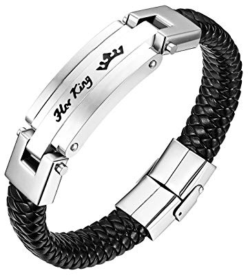 Flongo manschettarmband, män kvinnor rostfritt stål keltisk hans drottning och hennes kung flätat läder rep armband armband, 22,5 cm kedja manschett armband för män jul alla hjärtans dag, Läder Rostfritt stål