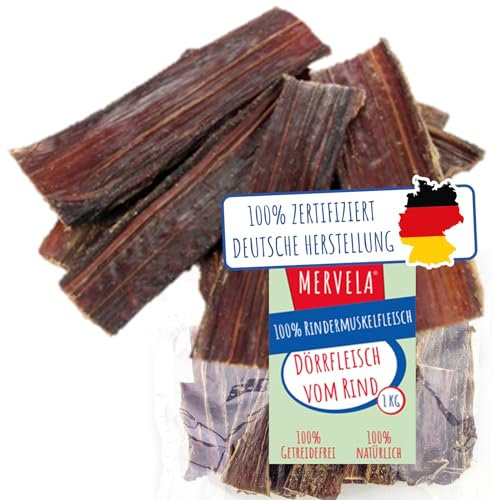 MERVELA® Dörrfleisch für Hunde 1kg | Rinderdörrfleisch | Trockenfleisch | gesunder Hundesnack aus Deutscher Herstellung | 100% Rindfleisch und natürlicher Kausnack