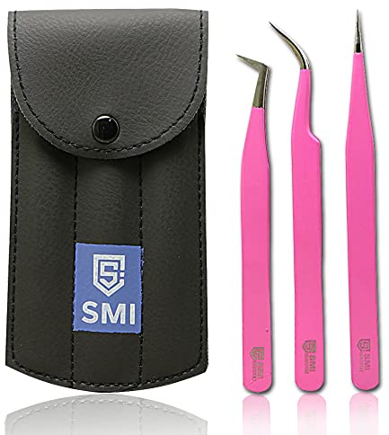 SMI 3-teiliges Wimpernpinzette Set, Gebogen & Gerade, Wimpern pinzette, Spitz für Wimpernverlängerung, 3D & 6D Volumen, Edelstahl, Rosa, mit Etui