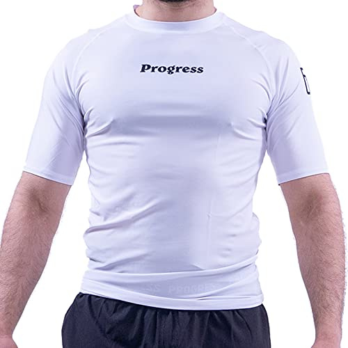 Progress Jiu Jitsu Academy Short SleeveRashguard | Flexible and Durable BJJ Rash Guard | Moisture-Wicking Compression Tops for Men and Women | 80% Polyester/20% Spandex White XS