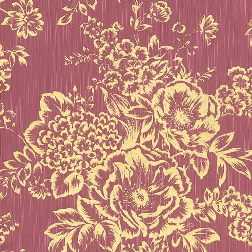 Profhome Florale Tapete 306576-GU Textiltapete gold rot 0,53 m x 10,05 m / 5,33 m2