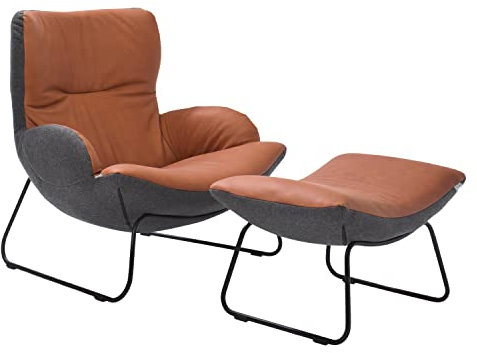 Paul Lindberg Minu Leder Sessel mit Hocker - Relaxsessel mit Hocker - Ledersessel Braun Grau - Relax Sessel Wohnzimmer - Wohnzimmer Sessel modern - Relaxsessel Leder - Lesesessel mit Hocker
