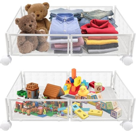 OHMG 2P Rangement sous Lit avec Roulette,Boîte de Rangement sous Lit,Tiroir Commode sous Lit Pliable en Métal,Boîtes de Rangement sous Lit pour sous Canapé, sous Table (60 * 40 * 17cm-Blanc-2P)