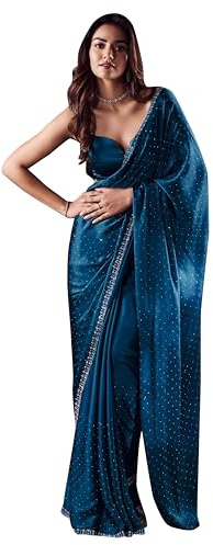 TRENDMALLS Women's Satin Georgette Siroski work Saree with Unstitched Blouse Piece (K1086-Morpeach)