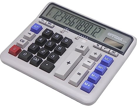 OFFIDIX Büro-Tischrechner, solarbetriebener und batteriebetriebener elektronischer Taschenrechner, 12-stelliger Taschenrechner mit großem LCD-Display, tragbarer Taschenrechner (weiß)