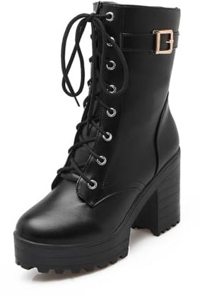 MEECHI Gothic Plateau Stiefeletten Damen PU-Leder Biker Booties Blockabsatz Ankle Boots Mit Schnalle Herbst Winter Schnürstiefel Sexy High Heels Knöchel Schuhe Für Party(Black,42 EU)