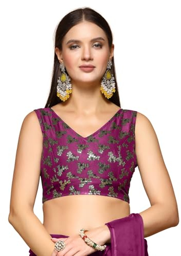 OOMPH! Zari Work Readymade traditionell etnisk blus med bladmönster, ärmlös, V-hals, lämplig för sari, bengas eller plazzo för fusion, Fuchsia-röd, 42
