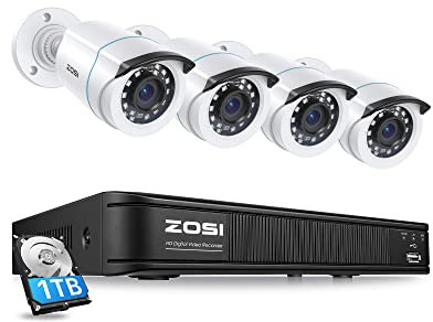 ZOSI Wired CCTV Security Camera System Outdoor Indoor, 8CH 5MP H.265+ Lite DVR Recorder and 4 x 1080p Weatherproof Home Surveillance Camera,1TB Hard Drive, Motion Detection, 80ft Night Vision