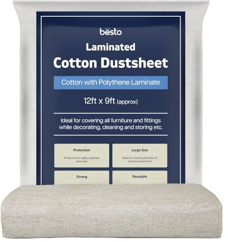 Cotton Dust Sheets for Decorating, Waterproof 12ft x 9ft Dust Sheets Twill Laminated Polythene Backed Reusable Paint Sheets for Floor, Staircase