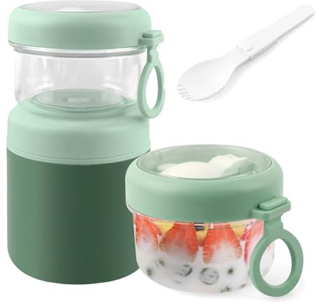 NEXROLA Müslibecher to go 860ml (530ml + 330ml) mit Löffel, Joghurtbecher to go, für Müsli, Haferflocken,Cornflakes, BPA-Frei, Doppelschicht Auslaufsicher, für Unterwegs, Büro & Schule& Arbeit