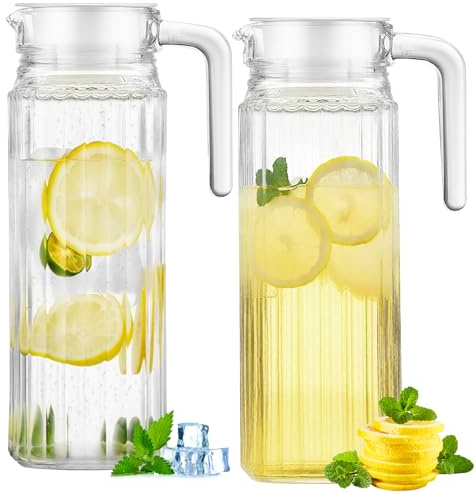 2 Pack Water Jug with Lid, 1.1L Acrylic Pitcher, Transparent Juice Jug, Fridge Door Container with Lid & Handle, Water Pitcher for Milk Juice Iced Tea Lemonade