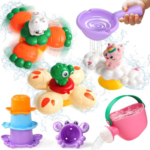 Fajiabao Juguetes Giratorios con Ventosa para La Trona- Juguetes Bañera Bebe 1 Año Set Bañera 8 Piezas y Juguetes Sensoriales, Montessori Juguete Bebes 6-12 Meses Regalo Niña Niño 1 año