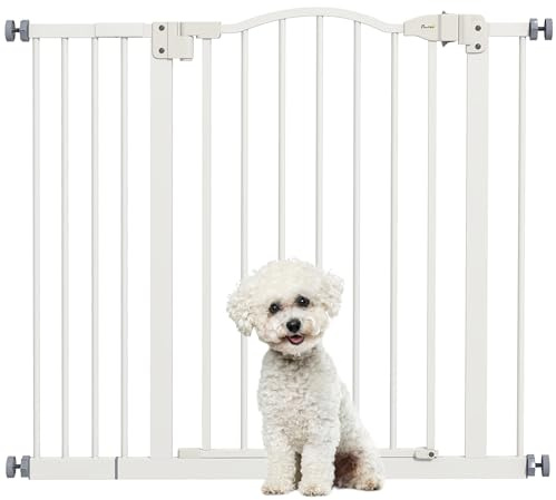 PawHut Barrera de Seguridad para Perros Extensible 74-94 cm, para Puertas y Escaleras, Barrera para Perros con Extensión 14 cm, Montaje a Presión y Doble Bloqueo, Blanco