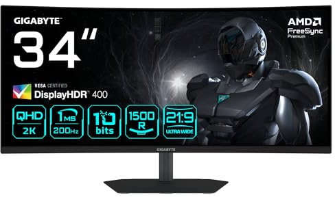 Gigabyte G34WQC2 Monitor Gaming Curvo 34” WQHD - 3440 x 1440, 1500R, 200Hz, 1ms, 450 cd/m², AMD FreeSync Premium, DisplayHDR 400, HDMI 2.0, Displayport 1.4