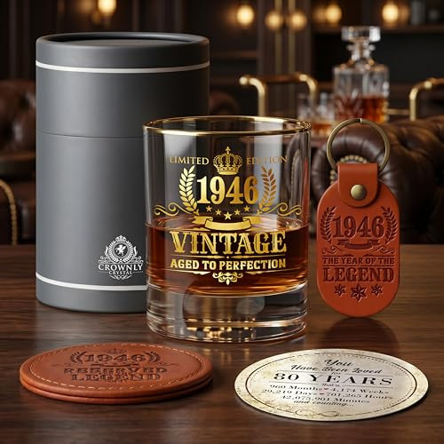 CROWNLY CRYSTAL Limited Edition 1946 Vintage Aged To Perfection Whiskyglas Presentset 80 Års Present Till Honom Presentbox Underlägg Nyckelring
