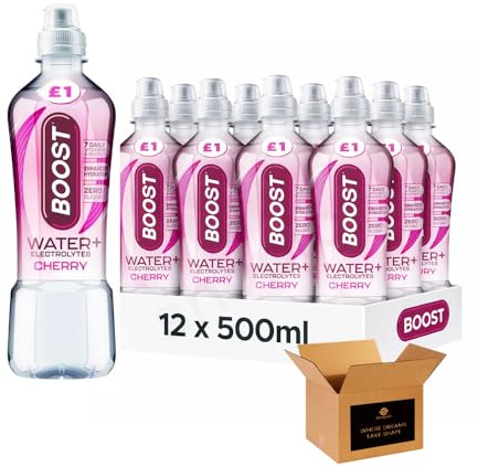 Boost Isotonic, Flavoured Sugar Free Hydration Soft Drink | Strawberry, Peach, Citrus & More | Vegan, Zero Calorie for Sports, Gym | (Water+Electrolyte Bottles-500ml-Pack 12, Cherry)
