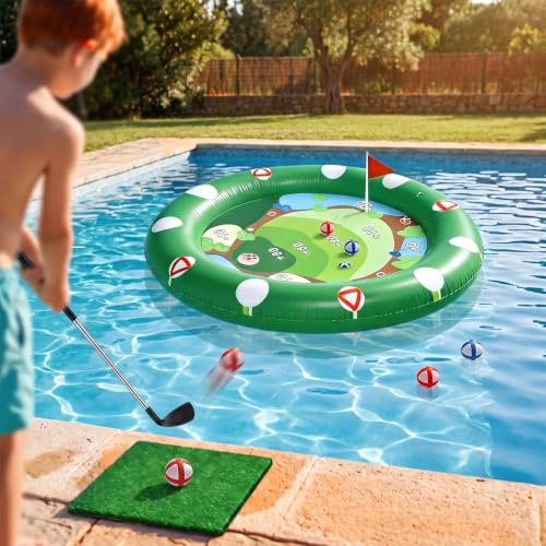Gresonic Uppblåsbar pool golf lekmatta, enkel montering flytande golfset med golfklubbor, 12 självhäftande bollar, matta tillbehör, praktisk vattenleksak för barn, vuxna familjer poolfest