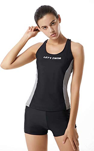 LULUWINGX Women Tankini Swimwear 2 Pieces Contrast Side Bathing Suit Racerback Athletic Swimsuit with Boyshorts Black(XX-Large)