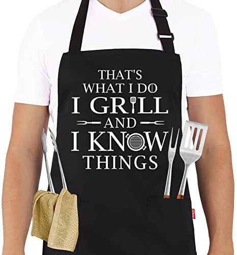 ALIPOBO Funny Grilling Aprons for Men - BBQ Cooking Apron with 2 Pockets, Adjustable Neck Strap and 40 Long Ties - That's What I Do I Grill and I Know Things