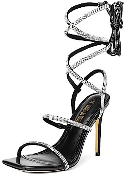 DREAM PAIRS Strappy Heels for Women, Rhinestone Straps, 4-Inch Stiletto High Heels, Square Toe, Open Toe Sandals, Prom Party Night Out Shoes, Size 8,Black,SDHS2239W