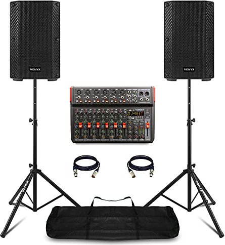 VONYX VSA08BT Complete PA System with VM-KG10 10-Channel Music Mixer, Bluetooth, DSP Effects, USB Audio, Active 8-inch Speakers and Stands - Ideal For Live Bands & Church Sound Systems